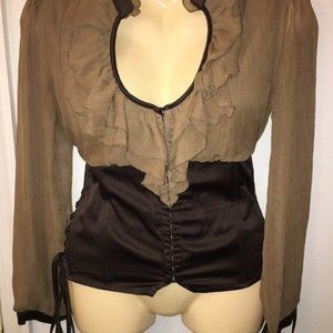 *RARE* LVL X Corset Blouse Ruffle Collar Size L Cool Mustard Tone and Brown L